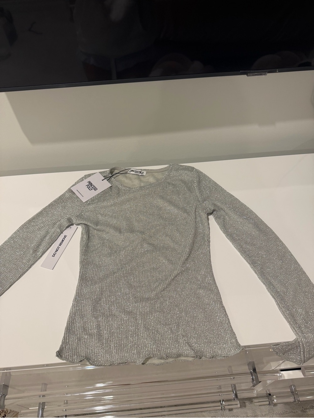 Princess Polly Silver Shimmer Ribbed Long Sleeve Top
